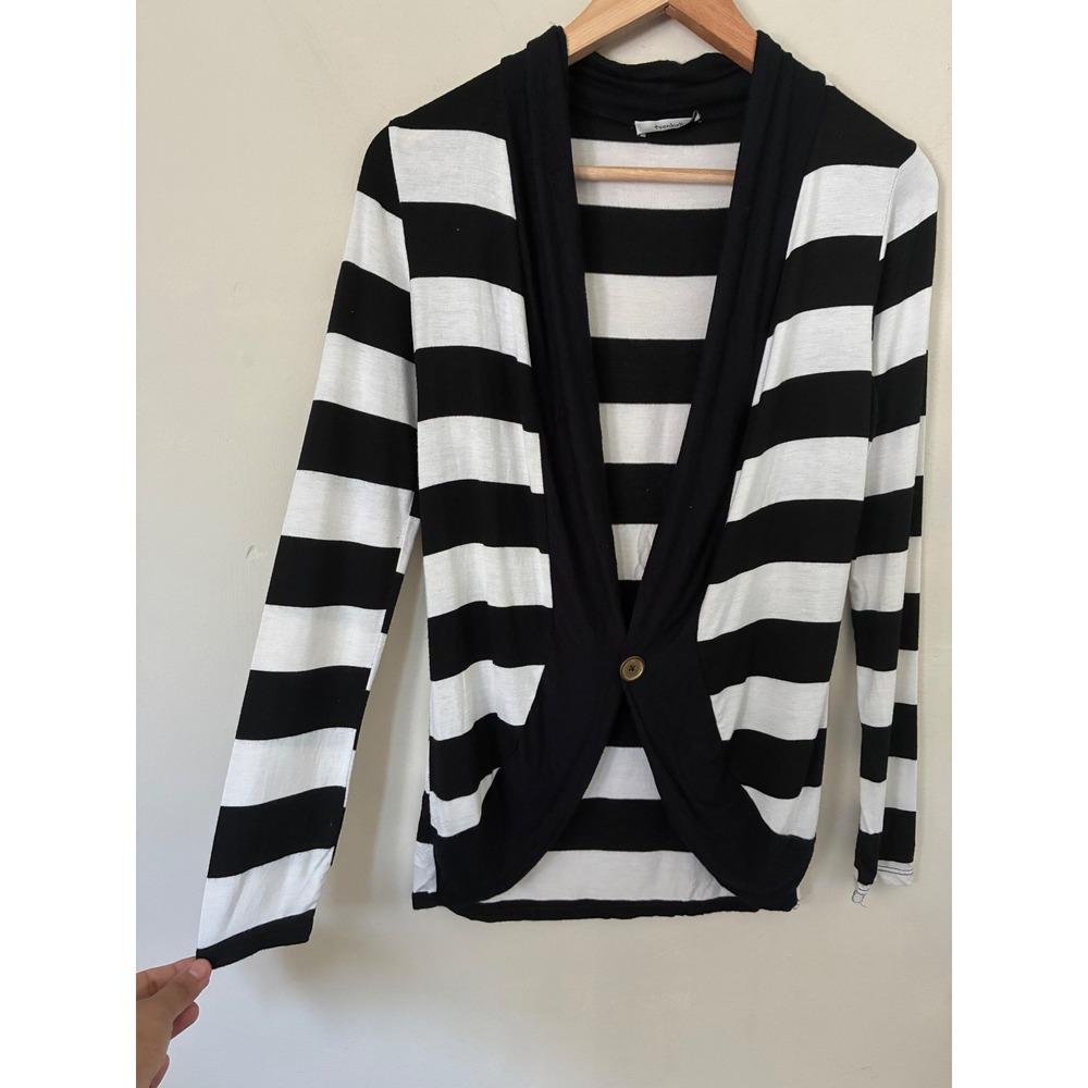 Teenbell Womens Black White Striped Shawl Collar Single Button Cardigan Small‎